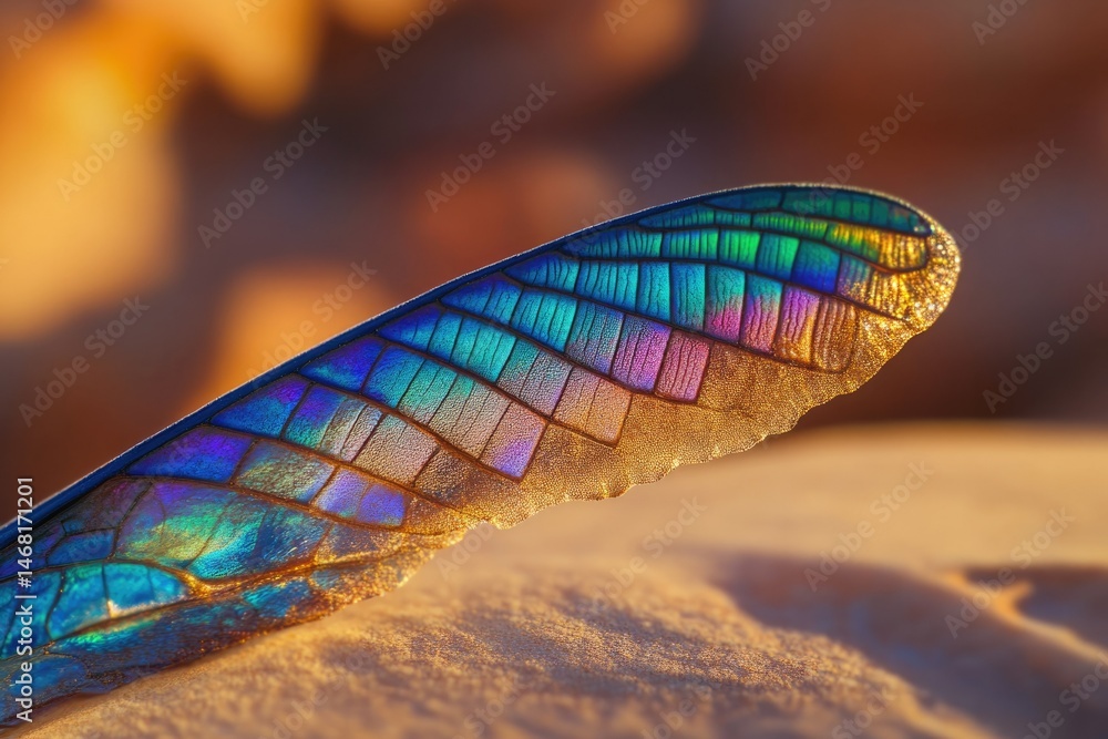 Poster close-up of a vibrant insect wing showcasing iridescent colors and intricate patterns.