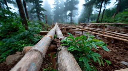 Obraz premium Wooden pathway construction in lush green forest with foggy atmosphere during daytime