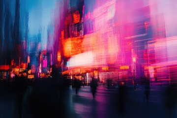 Naklejka premium A vibrant, blurred view of a city at night, featuring motion blur.