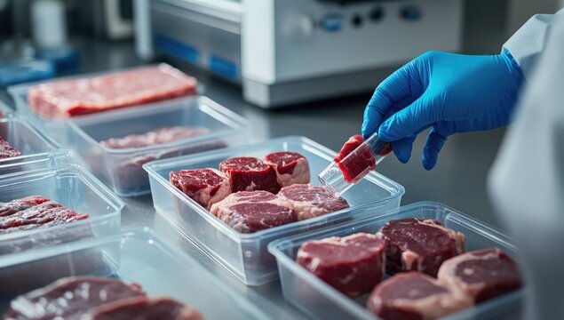 Meat product testing in a facility.  A gloved hand examines a sample in a transparent tube over packaged, raw meat cuts