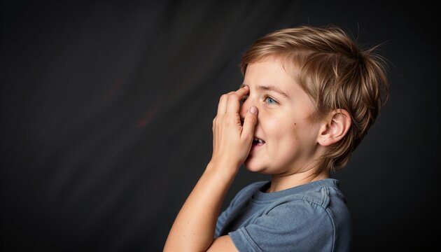 young boy rubbing eye after mosquito bite, irritated skin reaction, side view portrait on dark background, allergy or insect bite discomfort