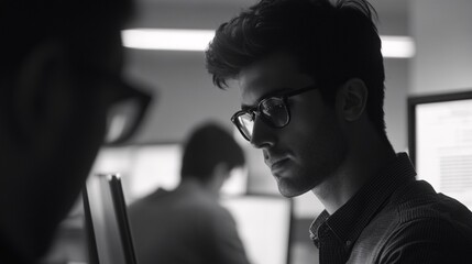 A focused young man in glasses immersed in work at a modern office, conveying concentration and professionalism
