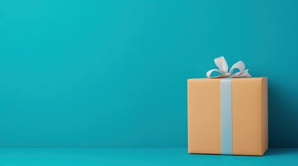 Orange Gift Box with Blue Ribbon Against a Turquoise Background