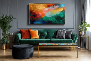 Vibrant abstract painting hangs above a plush emerald green sofa, accented with colorful pillows and a patterned coffee table, in a modern living room