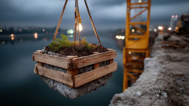 Floating Wooden Planter Box with Green Plant and Light Bulb Near Construction Site at Dusk - Powered by Adobe