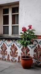 Obraz premium Charming red flowering plant in pot near tile wall and old window creating warm outdoor decor and vibrant detail perfect for a quaint setting