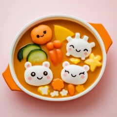 Cute Cartoon Soup Bowl with Bear and veggie Shapes, Foodart , Kawaii