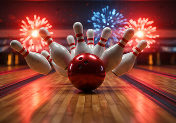 Dynamic bowling action with red ball hitting pins and colorful fireworks, energetic sports scene for social media and event promotions