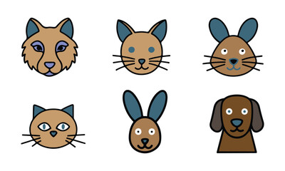 vector set of funny animals. Animal Head Icons, Fox, Dog, Cat, Rabbit, and Squirrel in Colorful and Vector on White Background
