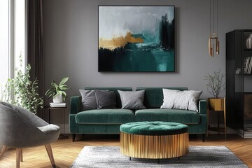 Modern living room featuring a bold abstract painting, emerald green velvet furniture, and warm golden accents