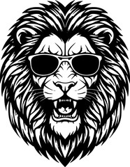 Obraz premium Cool Lion wearing sunglass black silhouette logo svg vector, Lion icon illustration 