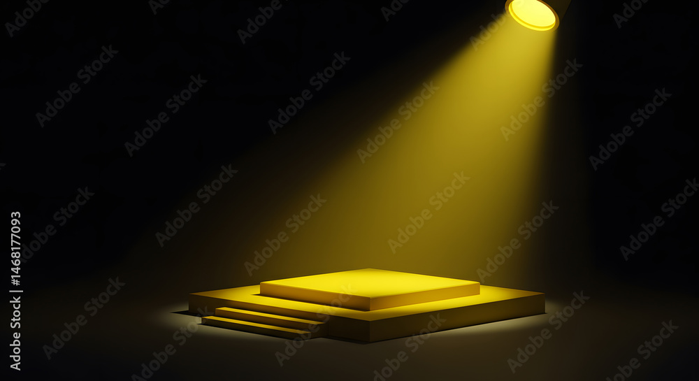 Poster empty stage illuminated by spotlight, 3d render background ideal for product presentation, event vis