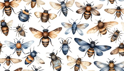 Fototapeta premium Watercolor Pattern of Bees and Insects