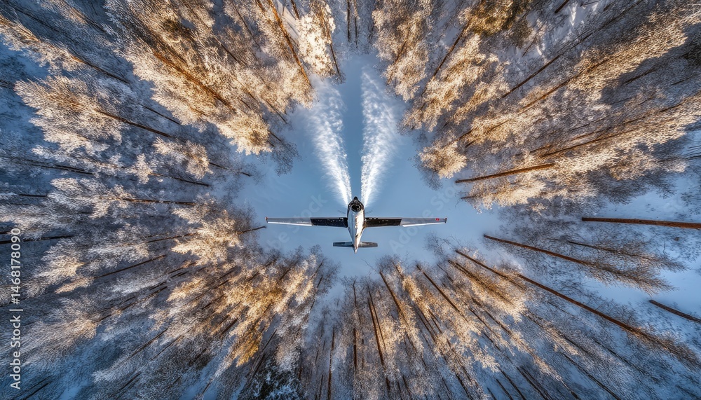 Poster aerial view of a plane flying through a snowy forest with sunlight illuminating the trees and creati