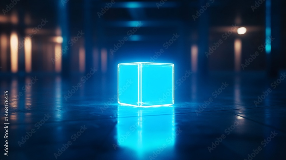 Aufkleber illuminated cube floats on a reflective surface in a futuristic setting