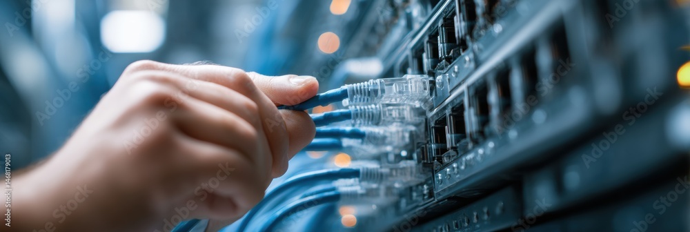 Poster hand connecting cables into server rack during data management task in modern data center generative