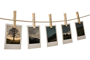 Hanging Landscape Photographs With Clothespins Isolated On Transparent Background Detailed Mountain Forest Scenery