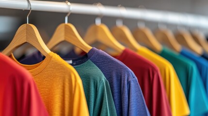 Fototapeta premium Bright Colorful T-Shirts on Hangers in Modern Retail Store Display Design
