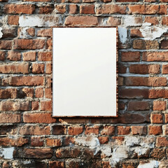 Fototapeta premium A clean white canvas framed in wood, set against a striking weathered brick wall background.
