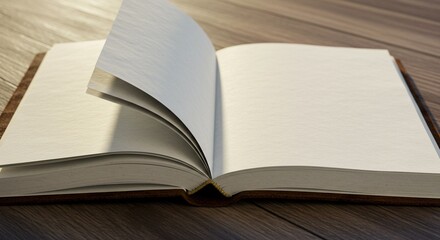 Open Blank Leather Journal on Wooden Table: Perfect for Your Design Mockup or Inspirational Content. High quality professional stock photo suitable for commercial use.