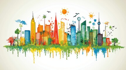 Obraz premium Vibrant cityscape with watercolor effect featuring colorful buildings and trees perfect for urban design and modern backgrounds