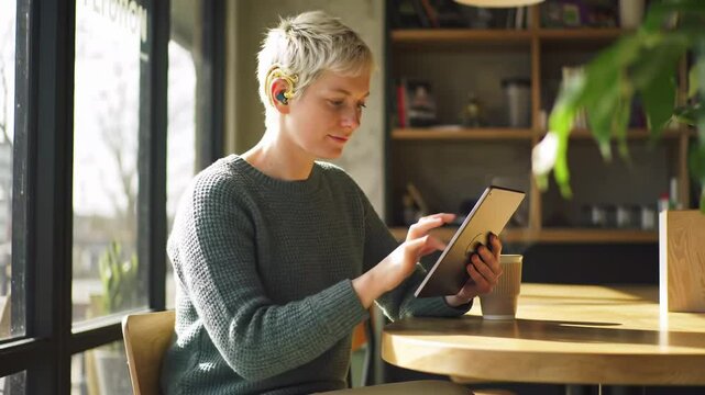  A deaf woman sips coffee and uses a tactile tablet in a serene high-tech caf&eacute;, morning light highlighting her cochlear implant and calm focus