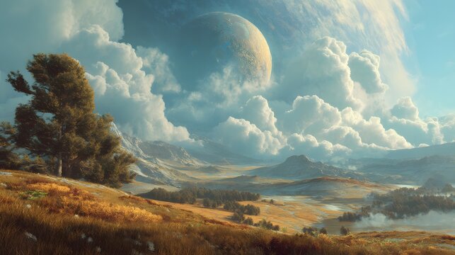 Ethereal landscape of rolling hills with an enormous planet visible in the sky.