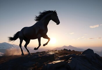 Majestic Black Horse Running on Mountain Ridge at Sunset