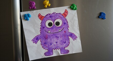 Child's colorful drawing of a monster attached to a refrigerator with magnets