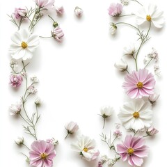 Rustic Charm Flower Arrangement: Cosmos Flowers in Pink and White Elegant Minimalist Botanical Art Background Spring Floral Wreath and Delicate Decorative Petals in a Natural Design Framed Layout