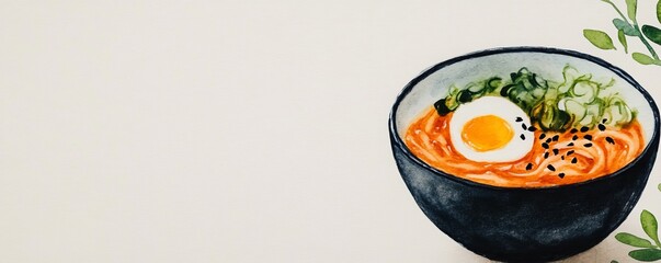 Watercolor Ramen Bowl with Egg and Green Onions ,ramen, food art