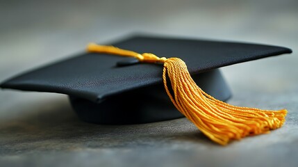 Graduation Cap with Yellow Tassel, Close-up of a graduation cap with a yellow tassel on a textured surface