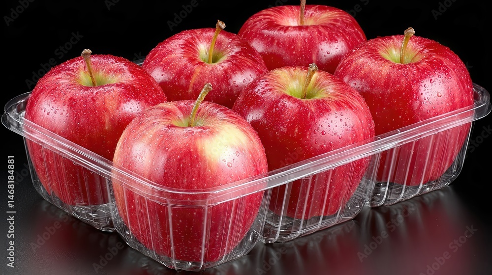 Poster vivid and fresh red apples arranged in a transparent plastic container