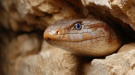 Obraz premium Prehistoric Serpent Lurking in Rocky Crevice Evokes Ancient Fears of Massive Snakes
