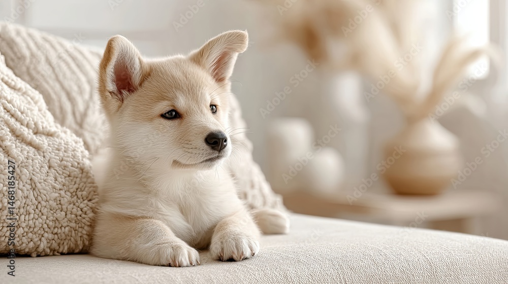Poster serene shiba inu enjoying tranquility in a modern home with soft textures and natural light