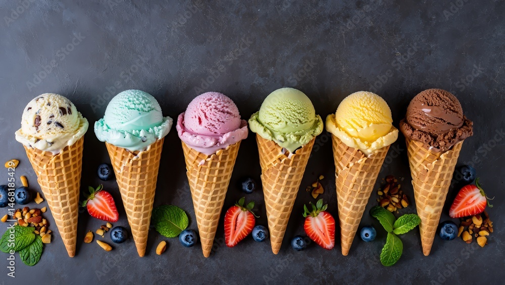 Poster a row of six ice cream cones in various flavors, lined up on a table with strawberries and blueberri