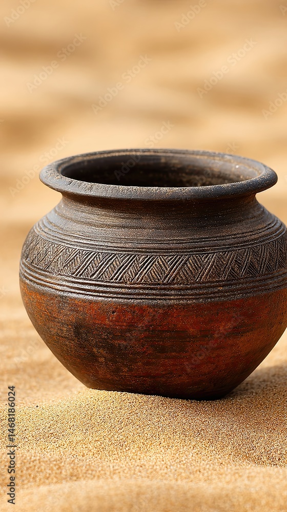 Poster Elegant Clay Pot With Intricate Designs Resting Gracefully on a Soft Sand Surface in Subtle Light