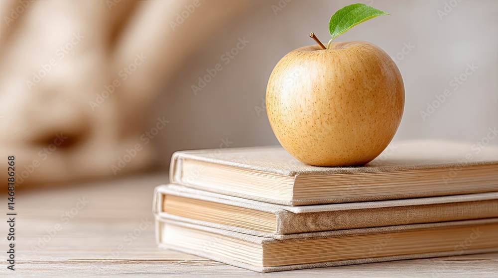 Poster Books Stacked Neatly on a Minimalist Desk With a Fresh Apple Resting on Top in Soft Daylight