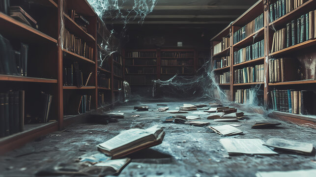 A dusty, abandoned library with cobwebs and scattered books. whispering book archives. illustration. [Whispering Archives] | Codified Haunting | spectral chapter. Illustration