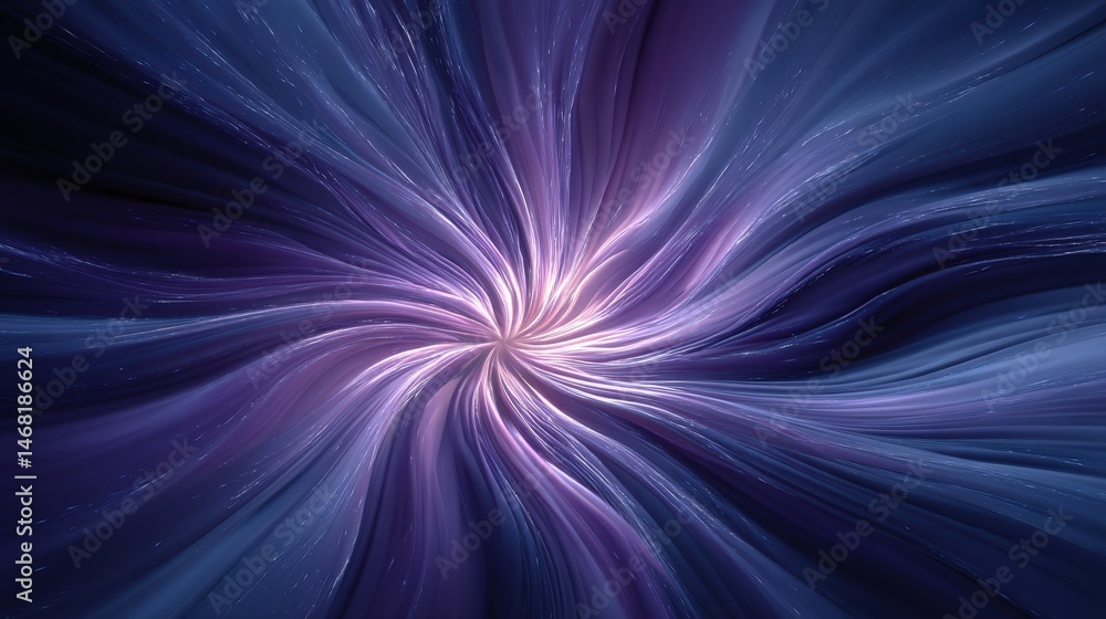 Poster abstract swirl of purple and blue colors with glowing particles creating a dynamic motion effect.