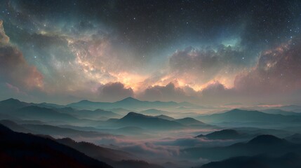Fototapeta premium Scenic mountain range landscape with celestial clouds creating a dreamy atmosphere.