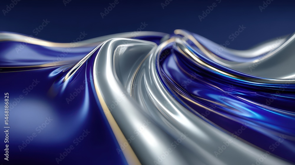 Poster abstract metallic waves in blue and silver tones create a dynamic visual effect.