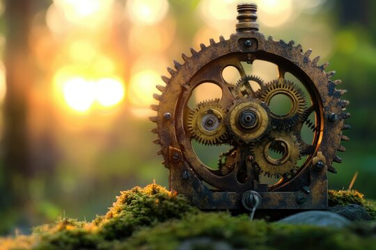 Intricate clockwork mechanism set against a sunlit, mossy backdrop, conveying themes of time, nature, and precision.