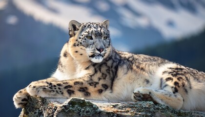 majestic snow leopard resting on rocky mountain ledge in nature