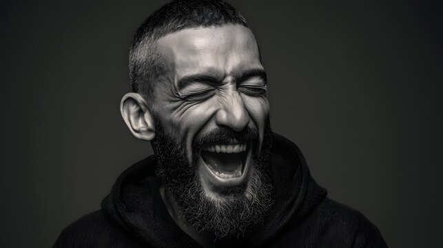 Monochrome portrait of a laughing man with a beard against a dark background.
