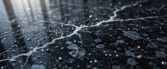 Close-Up of a Dark, Wet Surface with Intricate Veining and Water Droplets A Stunning Macro Photograph