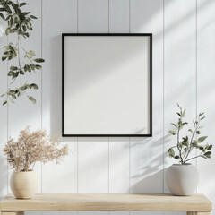A stylish black frame with a blank canvas, surrounded by plants on a wooden shelf.
