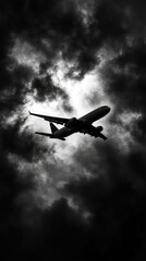 Naklejka premium Silhouette of an airplane flying through a dramatic, stormy sky. The monochrome palette creates a sense of foreboding and emphasizes the contrast between the plane and the dark clouds.