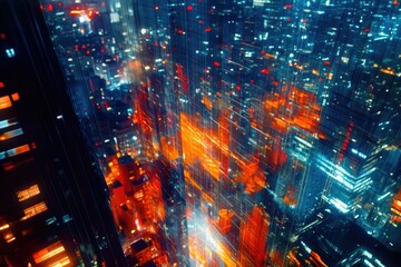 Obraz premium A futuristic city at night, depicted with vibrant colors and digital effects, showcasing advanced technology and urban density.