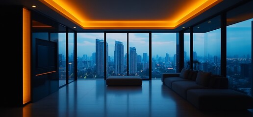 Fototapeta premium Skyline Serenity: Modern Apartment View with Orange Ambient Lighting Accent